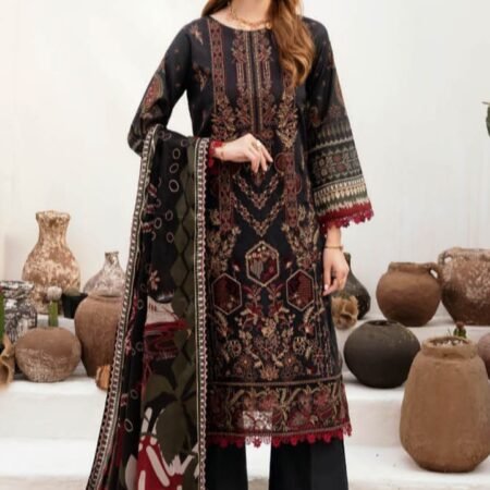 Lawn Embroidered Shirt, Lawn Plain Bottom & Silk Printed Dupatta (Unstitched)