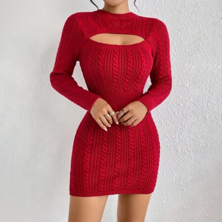 Hollow-out Cinched Women's Clothing Package Hip Sweater Dress