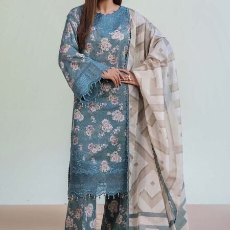 Adan's Libas Dusy Teal Prints Lawn | Elegant Ethnic Suit (Unstitched)
