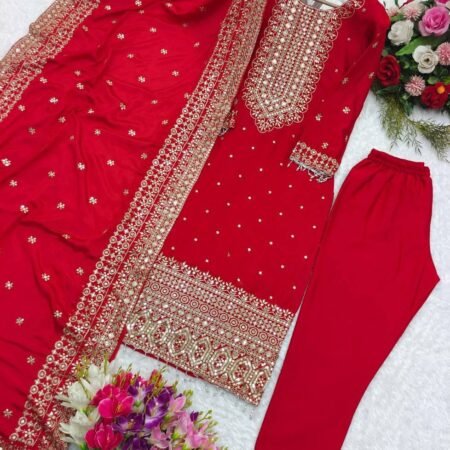 Elegant Chinon Silk Embroidered Suit