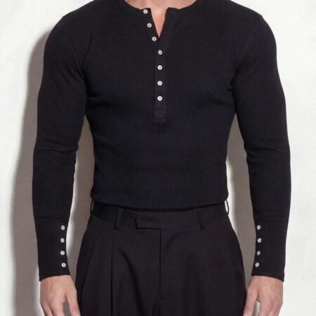Black Henley Neck Ribbed Slim Fit Long Sleeve Knit Top