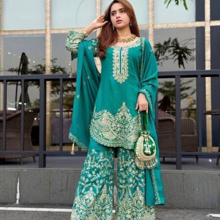 Elegant Pure Cinon Silk Embroidered Kurta Palazzo Set with Sequins Work & Dupatta