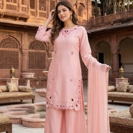 Designer Party Wear Roman Glass Silk Suit Set