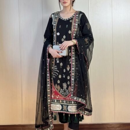 BEAUTIFUL KAFTAAN AND PANT WITH DUPATTA SEQUENCE EMBROIDERED AND APPLIQUE WORKED